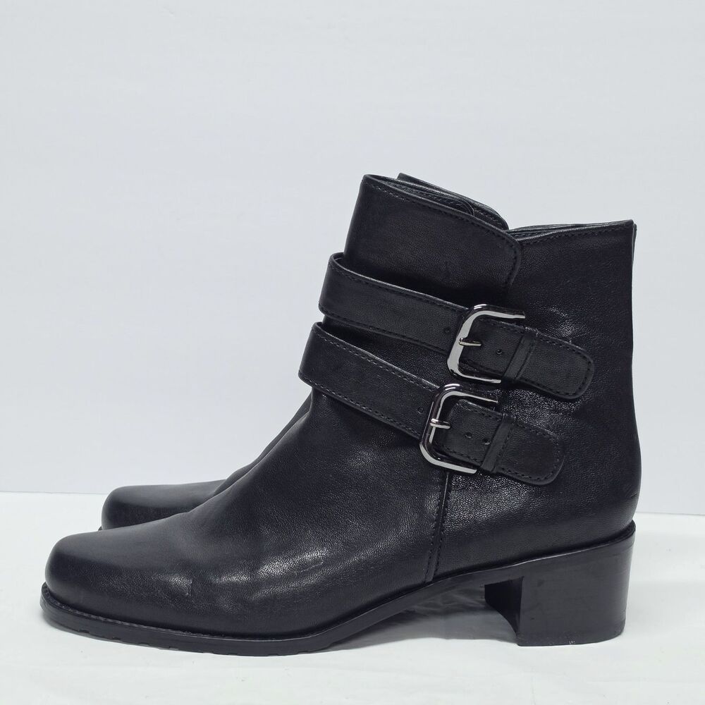 STUART WEITZMAN Strapduo Black Leather Moto Buckle Ankle Boots Women's Size 8.5M